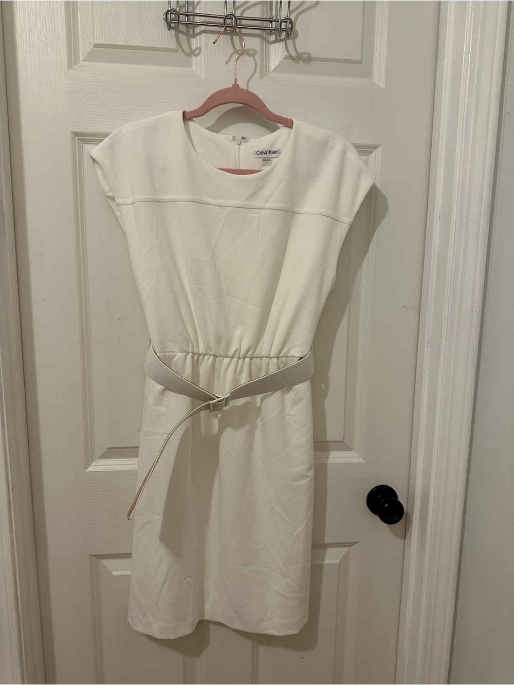 Calvin Klein Ivory Belted Cap Sleeve Shift Dress